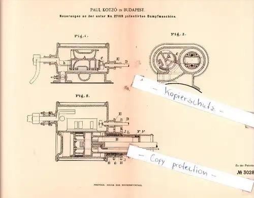 Original Patent  - Paul Kotzò in Budapest , 1884 , Neuerungen an der Dampfmaschine !!!