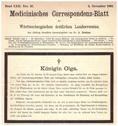 original Todesanzeige - 1892 - Königin Olga , russische Kaisertochter , Kronprinz Karl in Württemberg , Russland , Adel
