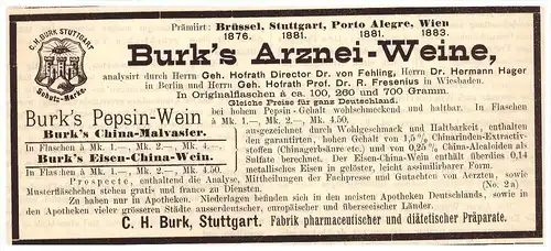 original Werbung - 1892 - Arzneiweine Burk , C.H. Burk in Stuttgart , Pepsin ,Dr. Fresenius , Arzt , Apotheke , Kur !!!