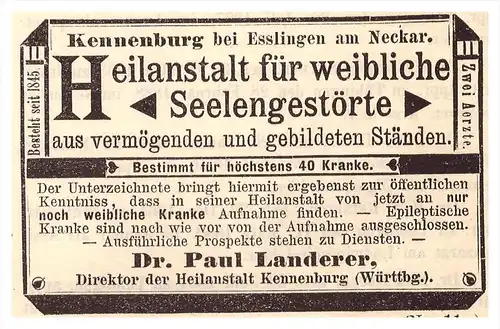 original Werbung - 1892 - Heilanstalt in Kennenburg b. Esslingen , Nervenkranke , Kur , Arzt , Apotheke  !!!