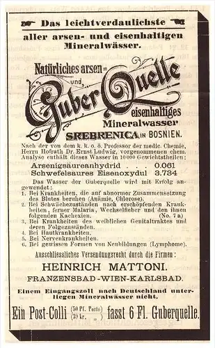 original Werbung - 1892 - Guber Quelle , Srebrenica in Bosnien , Heinrich Mattoni , Arzt , Apotheke , Kur !!!
