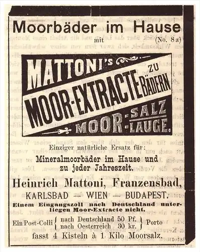 original Werbung - 1892 - H. Mattoni , Franzensbad / Frantiskovy Lázne , Heilanstalt , Arzt , Apotheke , Kur !!!