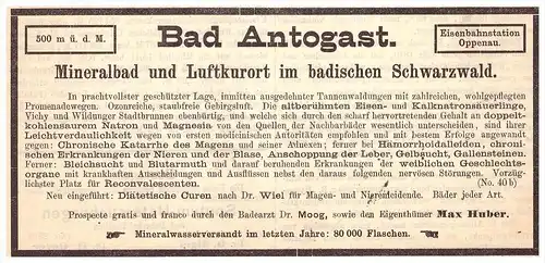 original Werbung - 1892 - Mineralbad Bad Antogast b. Oppenau , M. Huber , Arzt , Apotheke !!!