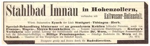 original Werbung - 1892 - Bad Imnau b. Haigerloch , Heilanstalt , Arzt , Apotheke , Kur !!!