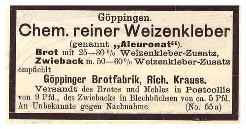 original Werbung - 1892 - Brotfabrik in Göppingen , R. Krauss , Bäckerei , Bäcker , Arzt , Apotheke !!!