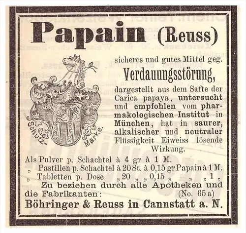 original Werbung - 1892 - Papain , Böhringer & Reuss in Cannstatt a.N. , Stuttgart , Arzt , Apotheke , Kur !!!