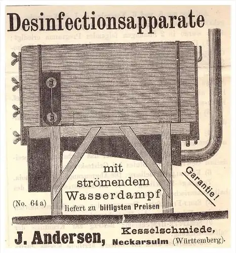 original Werbung - 1892 - Desinfectionsapparate , J. Andersen in Neckarsulm , Heilanstalt , Arzt , Apotheke !!!