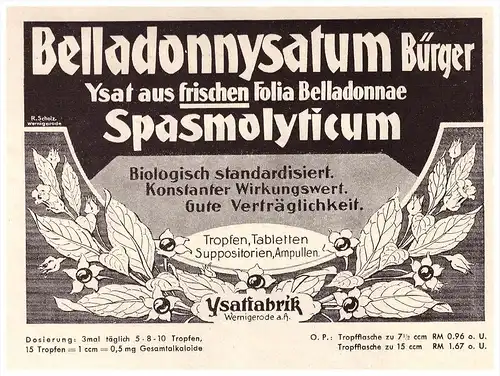 original Werbung - 1935 - Wernigerode , Belladonnysatum Bürger , Ysatfabrik , Arzt , Apotheke , Kur , Krankenhaus !!!