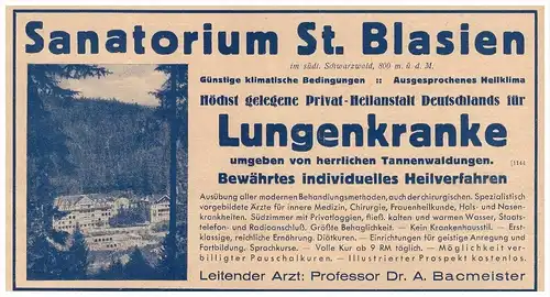 original Werbung - 1935 - Sanatorium St. Blasien , Heilanstalt , Dr. Bacmeister , Schwarzwald , Arzt , Apotheke !!!