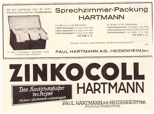 original Werbung - 1935 - Hartmann Verbandsstoffe in Heidenheim a. Brenz , Arzt , Apotheke !!!