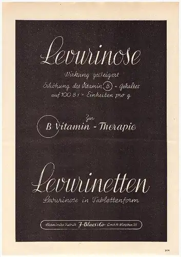 original Werbung - 1938 - LEVURINOSE , Vitamin B - Therapie , J. Blaes & Co , München , Arzt , Apotheke !!