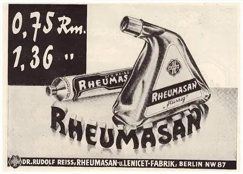 original Werbung - 1938 - RHEUMASAN , Dr. R. Reiss in Berlin , Rheuma , Arzt , Apotheke !!
