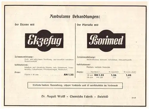 original Werbung - 1938 - Dr. Wolff in Bielefeld , Chemische Fabrik , EKZEFUG und PSORIMED , Arzt , Apotheke !!