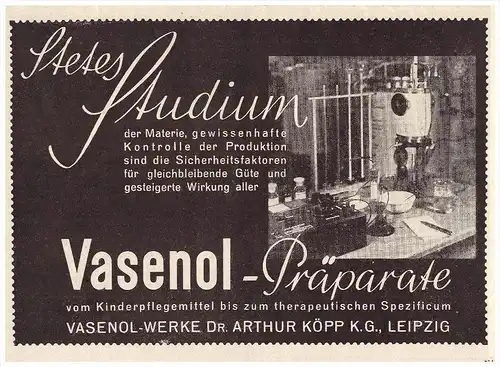 original Werbung - 1938 - VASENOL - Präparate , Dr. A. Köpp in Leipzig , Arzt , Apotheke !!