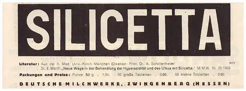 original Werbung - 1938 - Deutsche Milchwerke in Zwingenberg i. Hessen , SILICETTA , Arzt , Apotheke !!