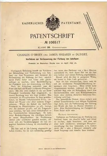 Original Patentschrift - J. Shearer in Dundee , 1897 , Färbung von Jute , Scotland !!!