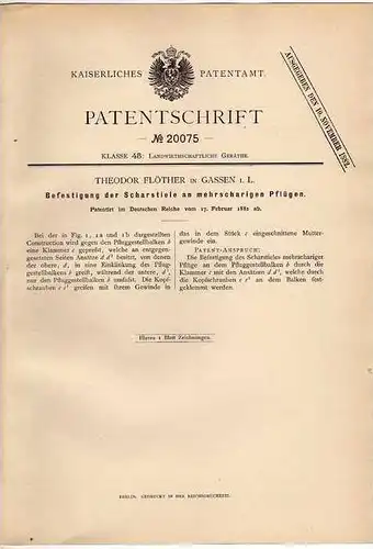 Original Patentschrift -T. Flöther in Gassen in L. / Jasien , 1882 , Scharstiele an Pflügen , Landwirtschaft , Agrar !!!
