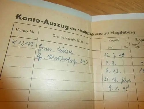 altes Sparbuch Magdeburg , 1939 - 1946 , Erna Müller geb. Hirte in Magdeburg , Sparkasse , Bank !!
