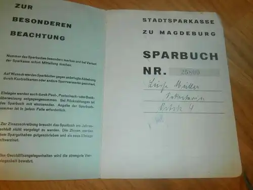 altes Sparbuch Magdeburg , 1932 - Juni 1945 , Luise Müller in Magdeburg , Sparkasse , Bank !!