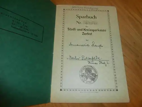 altes Sparbuch Zerbst , 1942 - 1944, Annemarie Lange in Berlin Lichterfelde , Sparkasse , Bank !!!