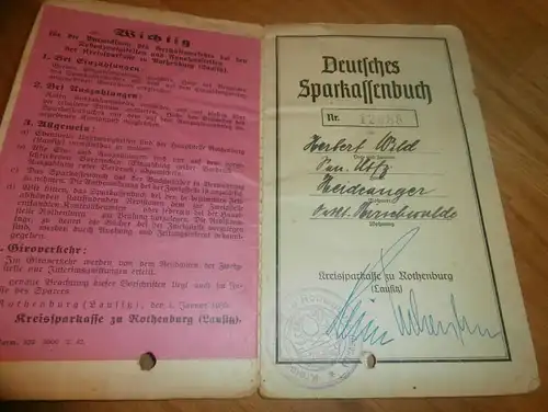 altes Sparbuch Kreba / Rothenburg , 1944 - 1945 , Herbert Wild in Heideanger / Kreba , Hirschwalde Sparkasse , Bank !!!