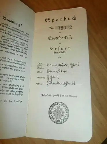 altes Sparbuch Erfurt., 1940 - 1944 , Hans Langbein in Erfurt , Sparkasse , Bank !!!