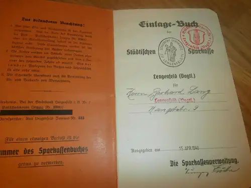 altes Sparbuch Lengenfeld i. Vogtl. , 1940 - 1945 , Bernhard Lang in Lengenfeld , Sparkasse , Bank !!!