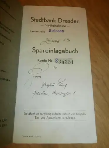 altes Sparbuch Striesen / Dresden, 1938 - 1945 , G. Lang in Dresden , Sparkasse , Bank !!!