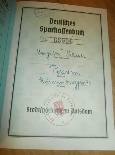 altes Sparbuch Potsdam , 1940 - 1945 , Brigitte Kauer in Potsdam , Sparkasse , Bank !!!