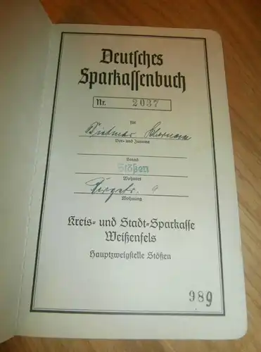 altes Sparbuch Stößen , 1941 - 1944 , Stößen , Weißenfels , Sparkasse , Bank !!!