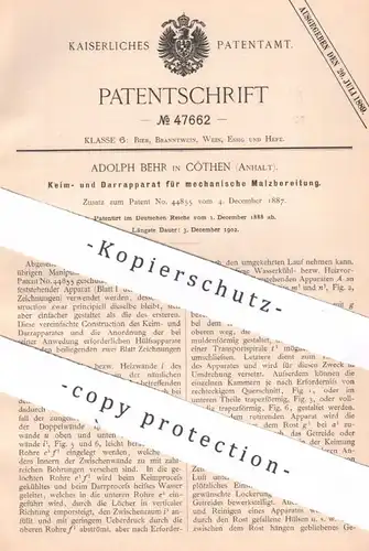 original Patent - Adolph Behr , Köthen | 1888 | Keim- u. Darrapparat für Malz | Keimen , Malzen , Dörren , Rösten