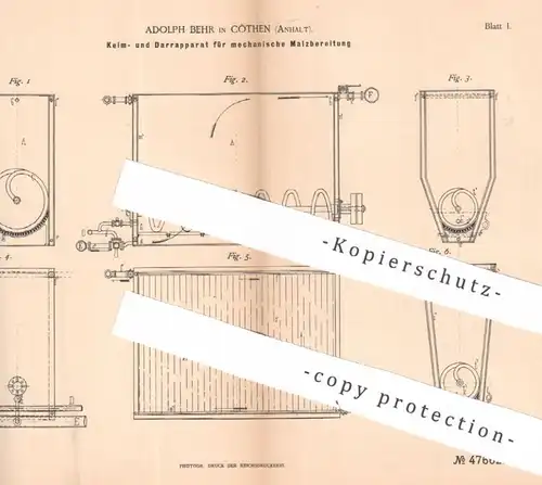 original Patent - Adolph Behr , Köthen | 1888 | Keim- u. Darrapparat für Malz | Keimen , Malzen , Dörren , Rösten