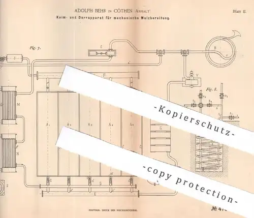 original Patent - Adolph Behr , Köthen | 1888 | Keim- u. Darrapparat für Malz | Keimen , Malzen , Dörren , Rösten