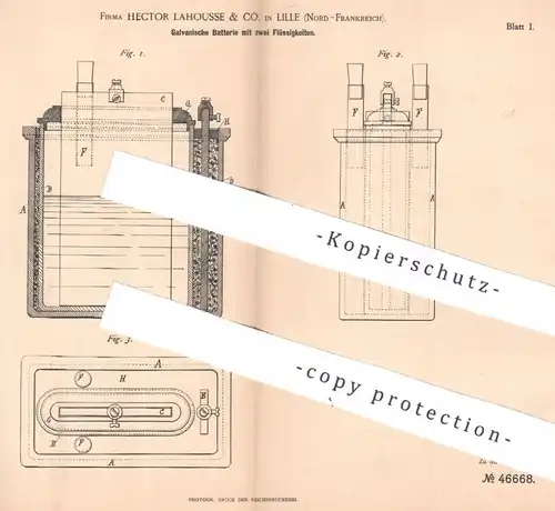 original Patent - Hector Lahousse & Co. , Lille , Frankreich | 1888 | Galvanische Batterie | Batterien , Akku