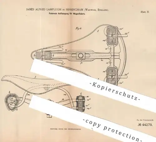 original Patent - James Alfred Lamplugh , Birmingham Warwick , England , 1887 | Fahrrad - Sattel - Federung | Fahrräder