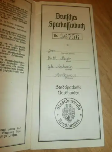 altes Sparbuch Nordhausen , 1943 - 1946 , Ruth Meyer geb. Michaelis in Nordhausen , Sparkasse , Bank !!!