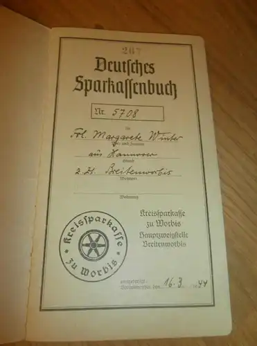 altes Sparbuch Breitenworbis , 1944 - 1945 , Margarete Winter in Breitenworbis , Worbis  Hannover , Sparkasse , Bank !!!