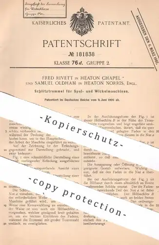 original Patent - Fred Rivett & Samuel Oldham , Heaton England | 1906 | Schlitztrommel für Spulmaschine , Wickelmaschine