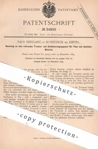 original Patent - Paul Freygang , Eutritzsch / Leipzig | 1885 | rotierender Trocken- u. Zerkleinerungsapparat für Ton !!