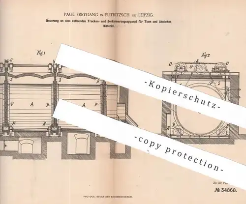 original Patent - Paul Freygang , Eutritzsch / Leipzig | 1885 | rotierender Trocken- u. Zerkleinerungsapparat für Ton !!