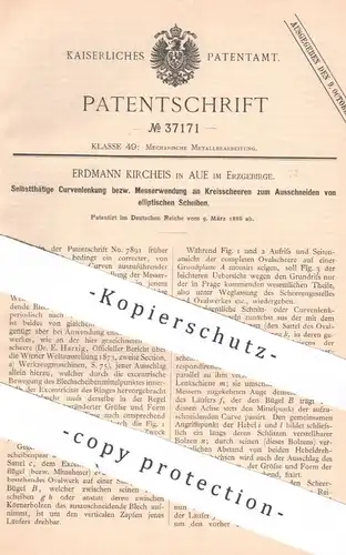 original Patent - Erdmann Kircheis , Aue Erzgebirge , 1886 , Lenkung an Kreisscheren | Messer , Säge | Metall , Maschine