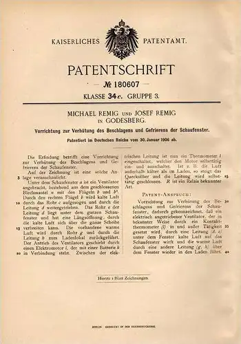 Original Patentschrift - M. Remig in Bad Godesberg , 1906 , Apparat gegen Gefrieren von Schaufenster !!!