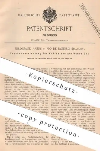original Patent - Ferdinand Arens , Rio de Janeiro , Brasilien , 1891 , Trocknung von Kaffee | Coffee , Cafe , Rösten