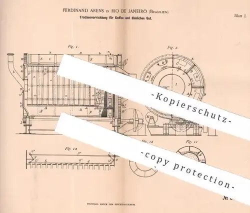 original Patent - Ferdinand Arens , Rio de Janeiro , Brasilien , 1891 , Trocknung von Kaffee | Coffee , Cafe , Rösten