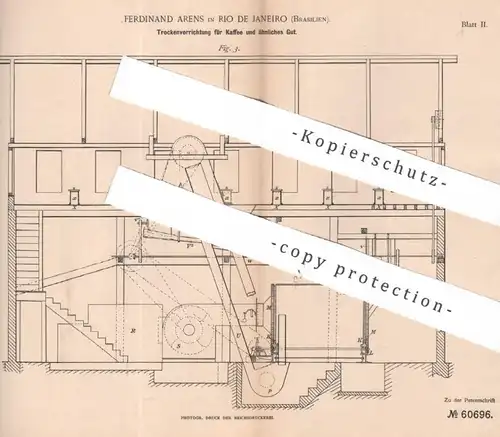 original Patent - Ferdinand Arens , Rio de Janeiro , Brasilien , 1891 , Trocknung von Kaffee | Coffee , Cafe , Rösten