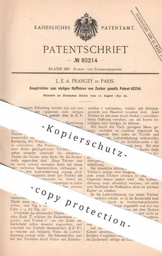 original Patent - L. E. A. Prangey , Paris , Frankreich , 1892 , Saugtrichter zum Raffinieren von Zucker | Zuckerfabrik