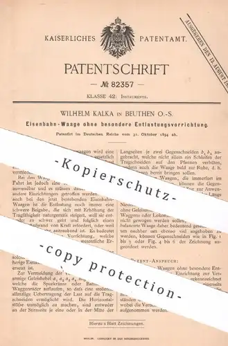 original Patent - Wilhelm Kalka , Beuthen , Schlesien , 1894 , Eisenbahn - Waage | Waagen , Wiegen , Bahn , Lastenwaage
