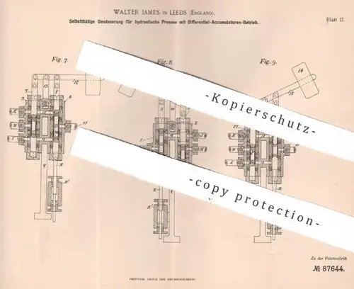 original Patent - Walter James , Leeds , England | 1894 | Umsteuerung f. Hydraulik - Presse mit Differential Akkumulator