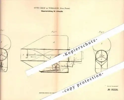 Original Patent - Otto Graf in Tomaszow , Russland-Polen , 1881 , Steuerung fü Luftschiff ,Tomaszów Lubelski , Flugzeug