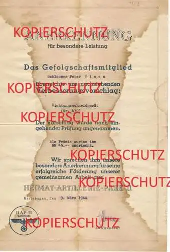 original Dokument - Heeresversuchsanstalt Peenemünde , 1944 , HAP 11 Karlshagen , Raketen , V1 , V2 , Mecklenburg , HVA
